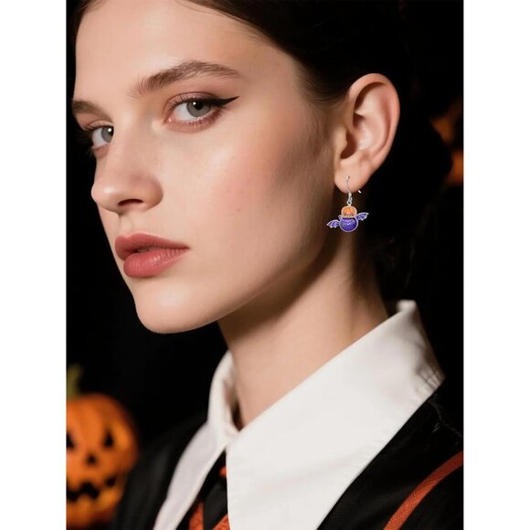 925 Sterling Silver Pumpkin Bat Patriotic Earrings for Women - Picture 6 of 6